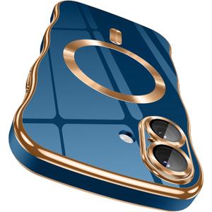 GVIEWIN for iPhone 17 Case [Compatible with MagSafe][Upgraded Full Camera Protection][Cute Wave Frame] Glossy Slim Shockproof Protective Magnetic Phone Case for iPhone 17 6.3'', Blue