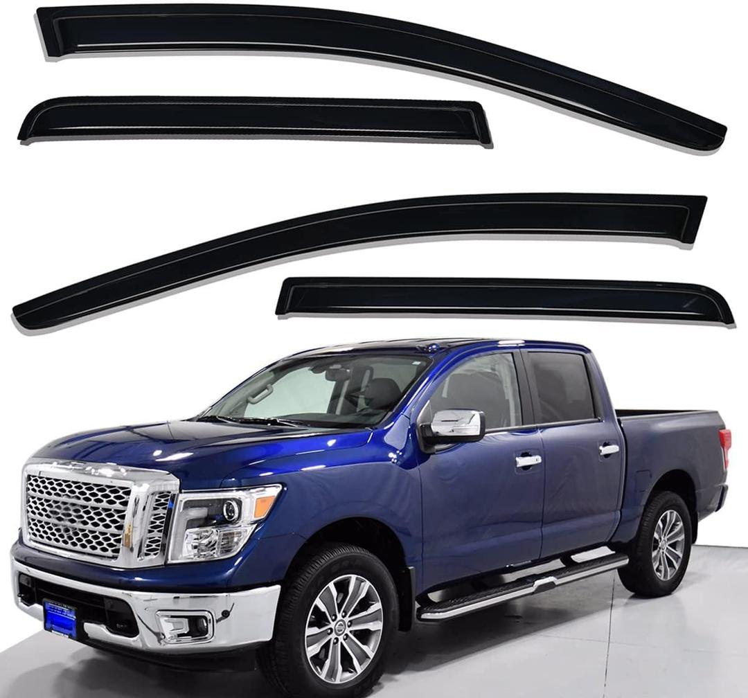Lightronic Extra Durable Outside-Mount Auto Vent Window Visor, Fits 2017-2024 Nissan Titan, 2016-2024 Titan XD, Crew Cab Pickup, UV Protection Rain Guard, Original Window Deflector, Dark Smoke, 4-Pcs