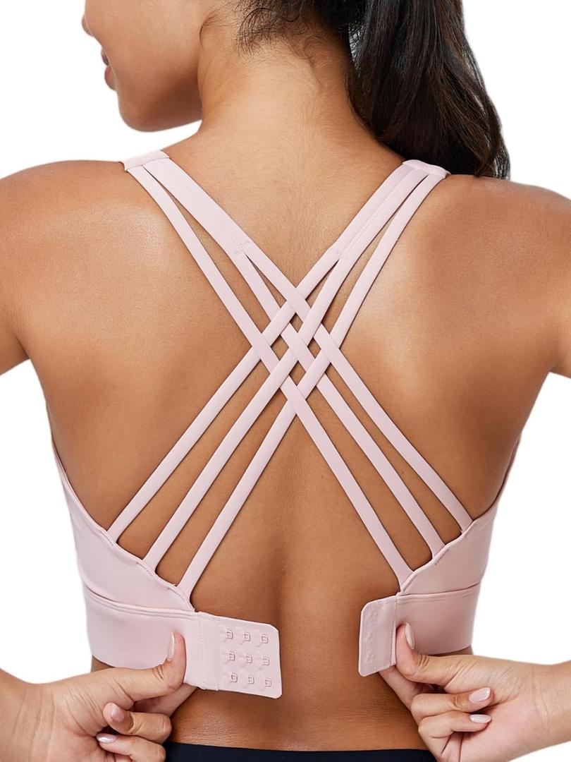 High Impact Sports Bra for Women High Support Molded Cups Strappy Womens Sports Bra for Workout,Training and Running (Pink, S)