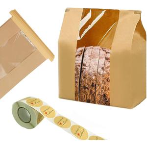 NOONEAST 50 Pack Large Kraft Paper Bread Bags for Homemade Bread Sourdough Bags 14" x 8.3" x 3.5" with Tin Tie Tab Lock Clear Front Window Bakery Bag Packaging Cookie Bag with Label Seal Stickers