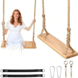 Hanging Wooden Swing, Seat 23.6"x 6.29" 1.21", for Adults and Kids Outdoor, Adjustable Hemp Rope Plus Tree Straps 80 inch, Kids with 800lbs Load, Indoor Swing Set