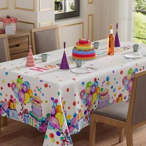 XCHI Happy Birthday Cake Gifts Colorful Balloons White Tablecloth Rectangle Washable Table Covers for Indoor Outdoor Dining Table Home Party Decorations 60x104 Inch