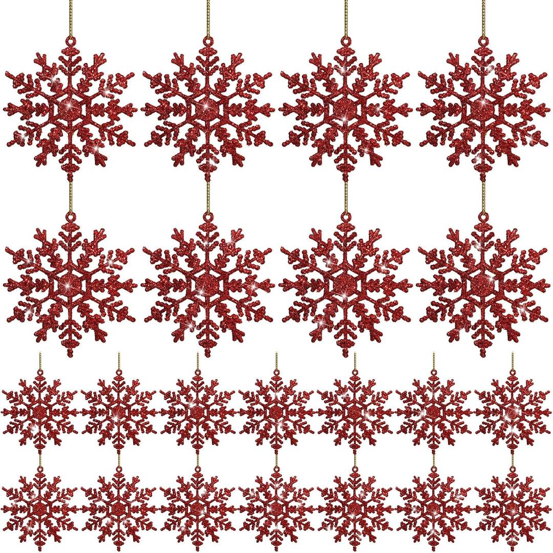 48 Pcs Burgundy Glitter Snowflake Ornaments Winter Tree Hanging Plastic Glitter Snowflake Ornaments Decorations for Xmas Winter Home Garland Holiday Decoration