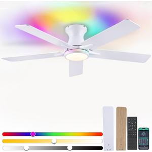 Low Profile RGB Ceiling Fans with Lights and Remote,52" White Flush Mount Ceiling Fans with Quiet Reversible DC Motor, Dimmable LED Ceiling Fan Light with 3 Colors 6 Speeds