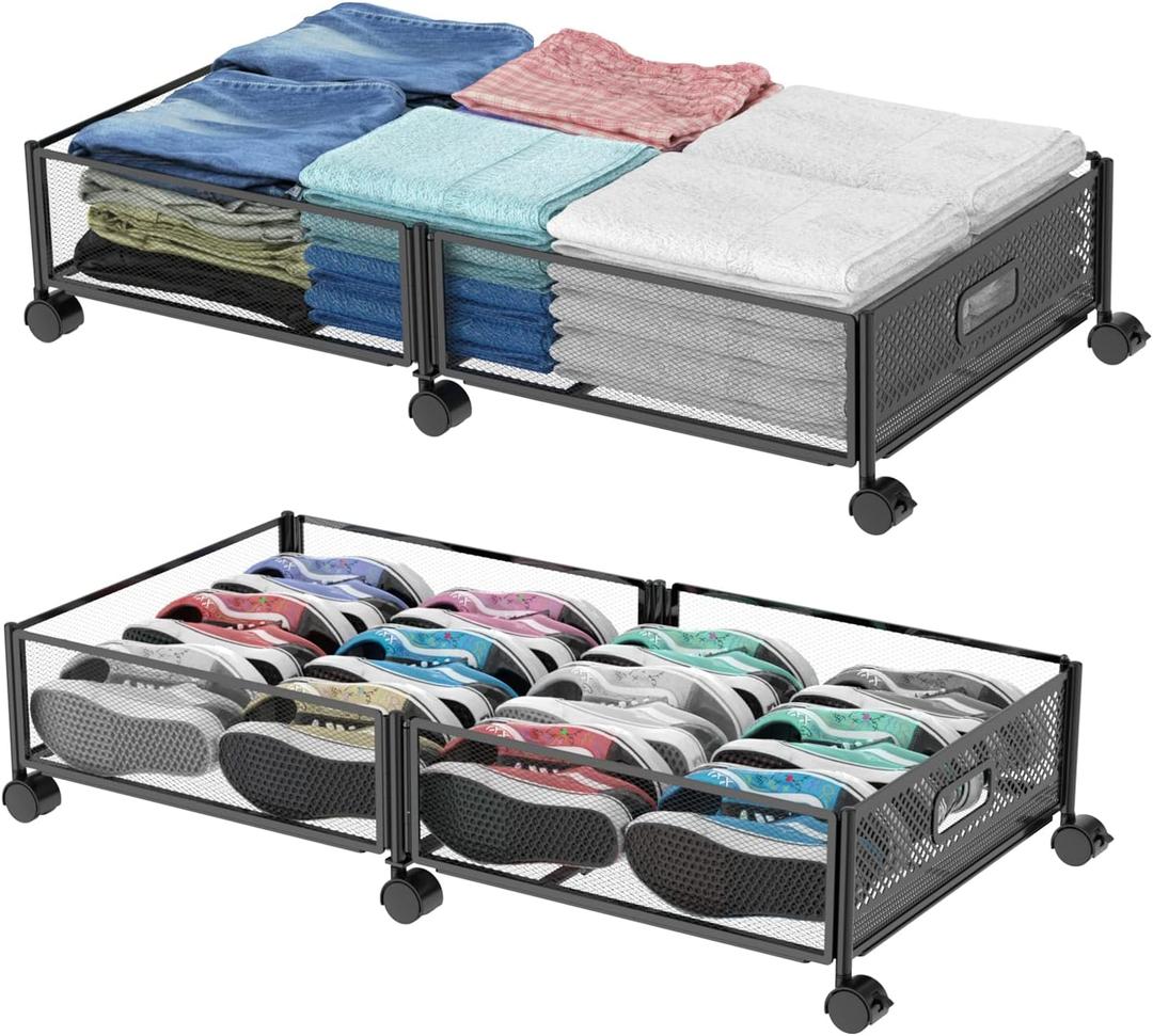 Under Bed Storage with Wheels, 31.5in / 35L Large Rolling Underbed Storage, Underbed Drawer on Wheels, Tool-free Assembly Metal Under Bed Drawers Organizer Container for Bedroom Shoes Clothes Toys, Black (2 Pack (31.515.7"))
