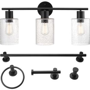 Globe Electric 51851 5-Piece All-in-One Bathroom Set, Matte Black, 3-Light Vanity Light with Seeded Glass Shades, Towel Bar, Towel Ring, Robe Hook, Toilet Paper Holder, Bathroom Lights Over Mirror