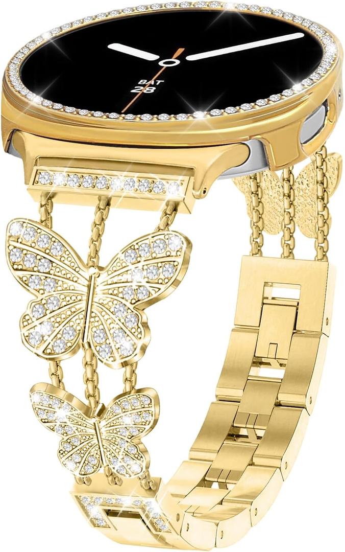 Bling Band with Case Compatible for Samsung Galaxy Watch 8 40mm 44mm, Women Diamond Butterfly Metal Bracelet Rhinestone Strap with Protector Case