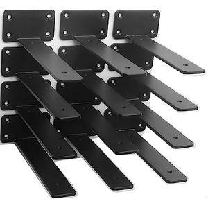 12 Pack - 9 inch Black Hidden L Shelf Bracket (1/5 Inch Thicked) Iron Floating Shelf Brackets Rustic Industrial Metal Brackets for Shelf Support