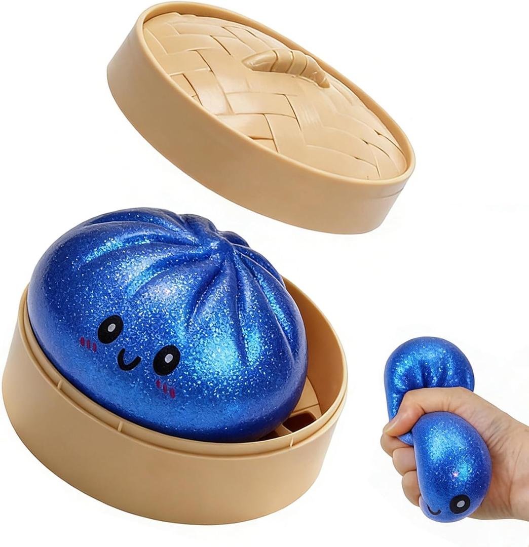 Glitter Dumpling,Blue Glitter Dumpling Squishies Box,Squeeze Dough Ball Stress Relief Hand Toys with Food Steamer Stretchy Desk Toys for Adults(Blue)