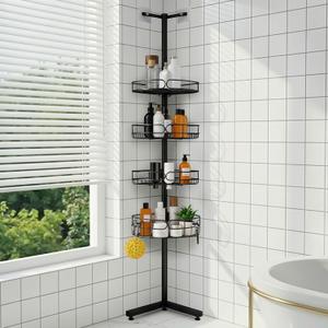 Standing Shower Caddy Corner, 4-Tier Adjustable Height Bathroom Organizer, 6-Section Pole, Sturdy Floor Standing Shelf for Shower or Bathtub  No Drilling, No Spring Tension