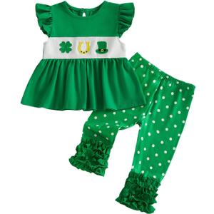 Toddler Girl St Patrick's Day Outfit Embroidery Ruffle Flutter Sleeve Tunic Dress Top Dot Ruffle Pants 2Pcs Clothes (Green), 6-12M