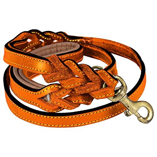 DowgClub Leather Dog Leash – 6ft x ¾ Inch, Dual Handle with Soft Padded Grip, Hand-Braided Full Grain Leather with Traffic Control for Medium to XL Dogs (Tangerine Orange with D Ring)