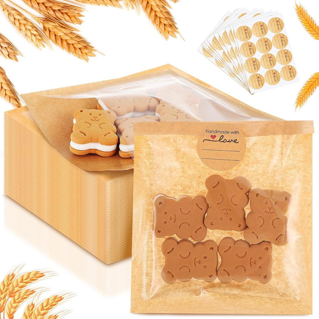 Outus 100 Pcs Cookie Packaging Bags with Seal, 5 x 6 Inch Bakery Pastry Bags with Window, Heat Sealable Grease Resistant Paper to Go Bake Sleeves for Gift Giving Donut Bread Sandwich (Brown)