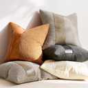 3 x Boucle Decorative Throw Pillow Covers 18"x18" Set of 2  Modern Textured Pillowcases with Faux Leather Contrast Stripe, Neutral Accent for Couch, Bed, or Chair  Leather Brown