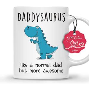 Gossby DADDYSAURUS Coffee Mug for Dad - Funny Gifts for Dad from Daughter, Son, Kid - 11oz T-rex Daddy Mug - Fathers Day, Christmas, Birthday Gift for Father, Step Daddy - Husband Gift from Wife