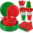 Christmas Party Supplies plaid cups and plates with red and green colored utensils (2pks each)