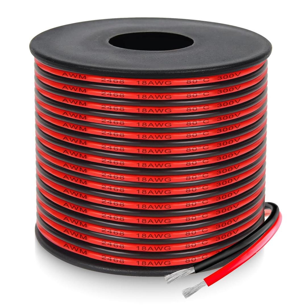 18 Gauge 2 Conductor PVC Tinned Copper Electrical Wires, 65.6FT/20M Red and Black Double Parallel Wire,0.82mmfor DIY Projects, Home Electrical, Power Wiring,Car Speaker Wires, LED Wires.