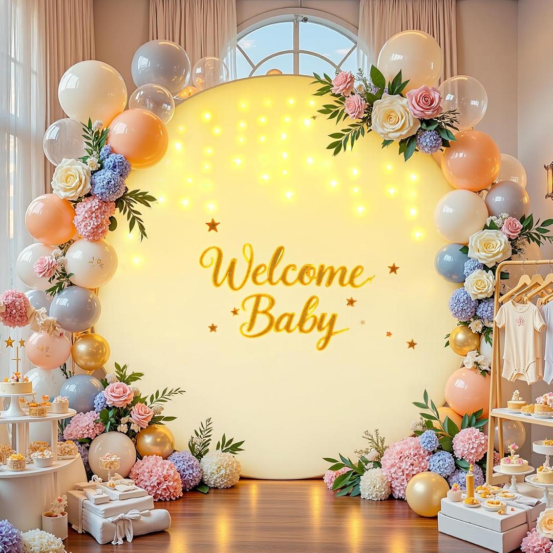 7.2 FT Beige Round Backdrop Cover with Lights String for Circle Arch Stand Circle Backdrop Covers with LED Fairy Lights for Wedding Arch Bridal Baby Shower Birthday Party Photo Photography Background