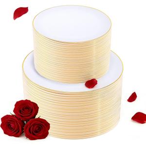 KIRE 200PCS Gold Plastic Plates - Disposable Plates for Party - White Plastic Plates with Gold Rim Include 100 for Dinner and 100 for Dessert/Salad in Wedding/Valentine's Day/New Year