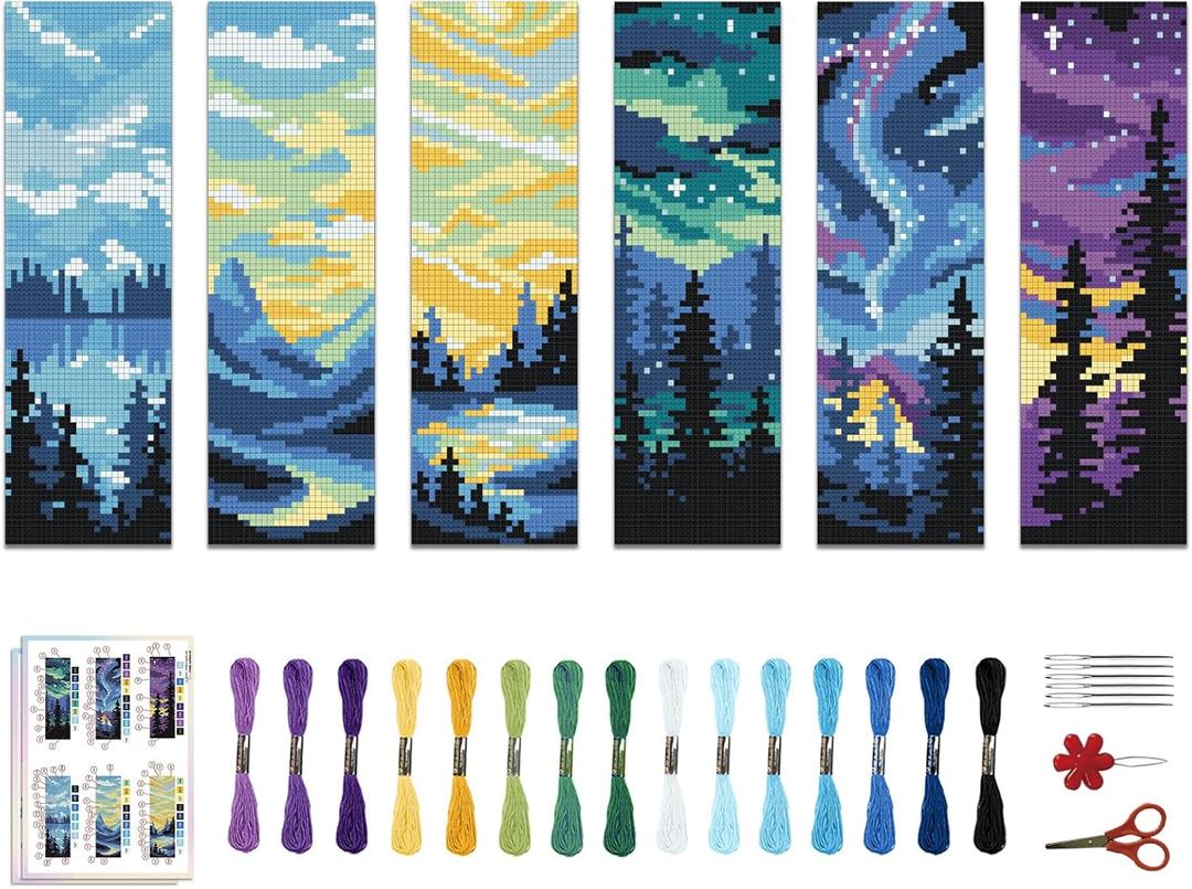 ACRNIGHEET 6PCS Cross Stitch Bookmark Kit for Adult Beginners Landscape Cross Stitch Kits DIY Crossstitch Kits Adult Stamped Bookmark Embroidery Bookmarks Kit with Instructions 8''x2.4'' 11CT