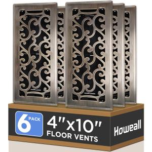 Howeall 4x10 Inches 6 Pack Heavy Duty Walkable Floor Register - Easy Adjust Air Supply Lever Decorative Floor Vent Covers, Savannah Design Vent Covers for Home - Antique Brass