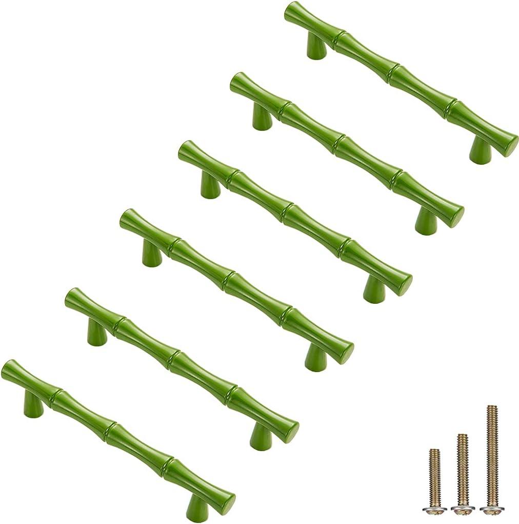 6Pcs Bamboo Shape Solid Zinc Alloy Cabinet Knobs Handles, Dresser Drawer Cabinet Cupboard Closet Door Pulls Decorative Furniture Accessories Knobs (Length 4.9"/Hole Distance 3.8", Green)