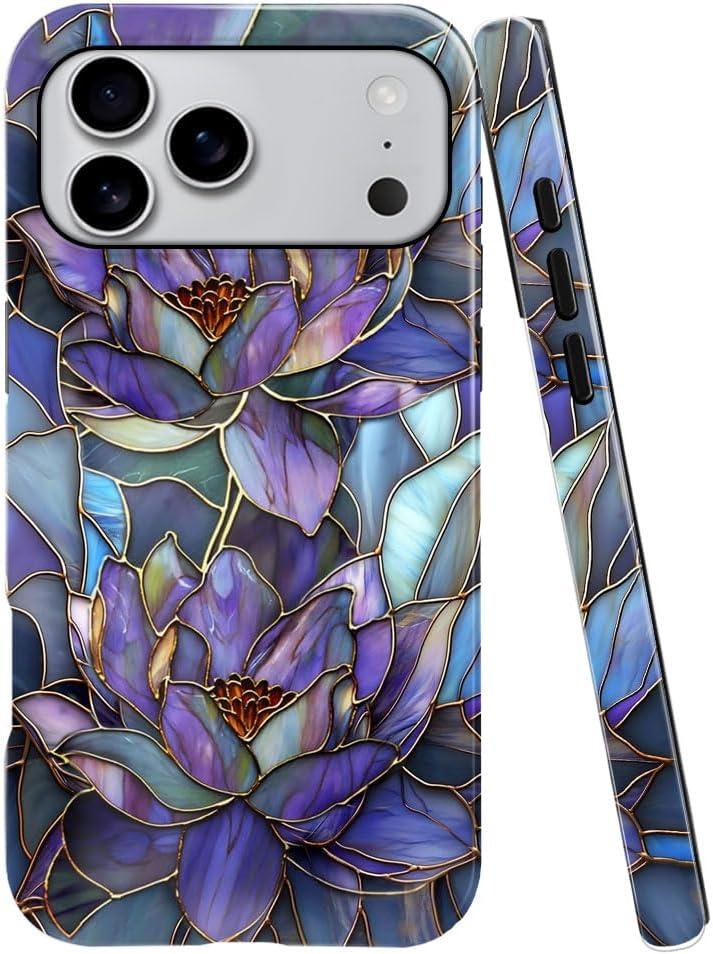 Case Compatible with iPhone 17 Pro Max,Fall Prevention Bright Hybrid 2-Layer Hard Shell Phone Case for Girls Boys,Purple Lotus Floral