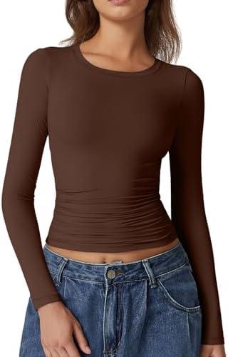 QINSEN Womens Crewneck Long Sleeve Shirt Double Lined Basic Tees Side Ruched Going Out Crop Tops XL