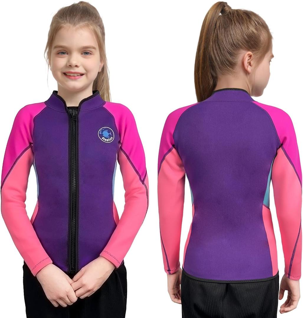 Kids Wetsuit Top for Boys Girls 2mm 3mm Neoprene Toddlers Long Sleeve Front Zipper Thermal Wetsuit Jacket Keep Warm Swimwear for Surfing Swimming Surfing Boating (T4, 2mm PinkTop)