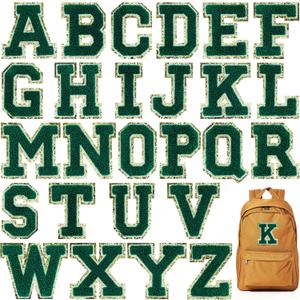 Jongdari 26pcs Iron on Letters for Clothing, Glitter Varsity Chenille Letter Patch Alphabet Sewing Appliques with Ironed Adhesive - Green A-Z