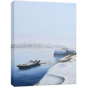 PHOENIX Winter Snowy River Boat Wall Art Decor Framed Canvas Realist Impressionist Calm Wintry Escape Serene Foggy Morning for Living Room Bedroom Office 18X24 Inch