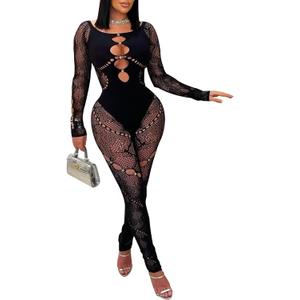 WEICHUJIAN Womens Sexy Mesh Rhinestone Jumpsuit Hollow Lace One Piece Bodysuit Long Sleeve Club Party Outfits (Small-Medium, Black)