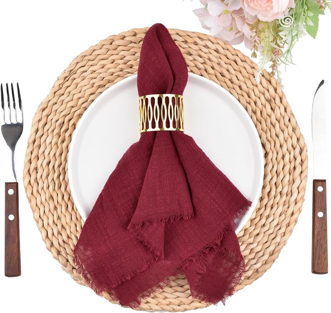 2 x Fall Thanksgiving Rustic Cloth Napkins 16.5x16.5 Inches Handmade Cotton Linen Napkins with Fringe Boho Washable Dinner Napkins in Bulk for Wedding Party Table Decor Set of 4 Burgundy