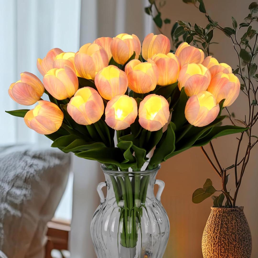 HOMESEASONS 20pcs LED Lighted Artificial Flowers Tulip Lamp Real Touch Tulips Faux Flower Lights for Valentine's Day and Easter Home Kitchen Wedding Dining Table Decor(Pink)