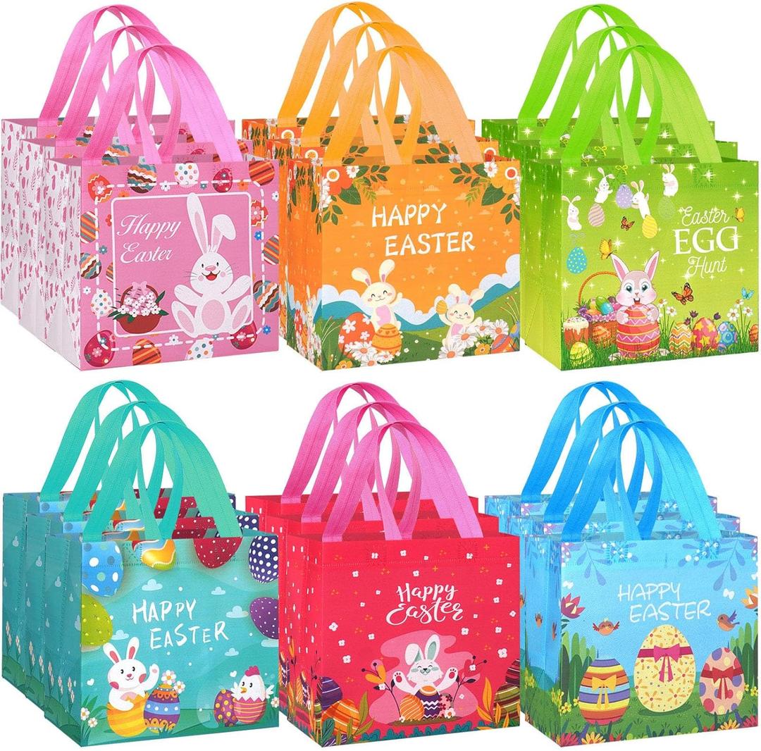 18 Pack Easter Gift Bags, Non-Woven Reusable Easter Bags with Handles - Bunny & Egg Cartoon Treat Bags for Easter Egg Hunt, Kids Easter Basket, Candy Goodie Bag, Easter Party Favors, 7.9x5.9x7.9 inch