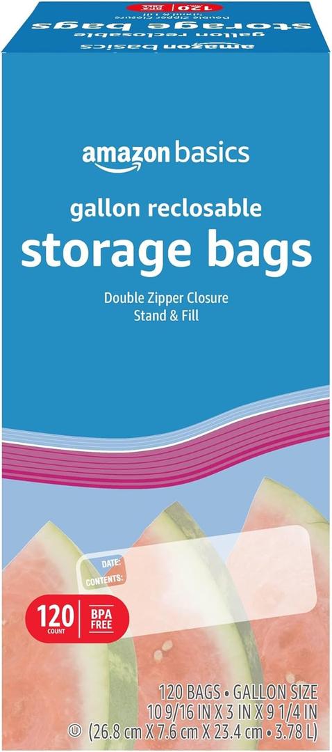 Amazon Basics Reclosable Gallon Food Storage Bags with Double Zipper Seal, Stand and Fill Base, BPA Free, 120 Count