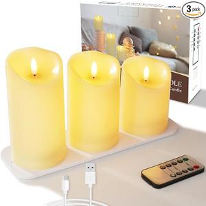 5plots Rechargeable Flameless Candles, Battery Operated LED Candles, Electric Candles with Remote and Timers, WaxLike Plastic, Ivory, 3Pack, 3" x 4"5" 6", for Home Decor