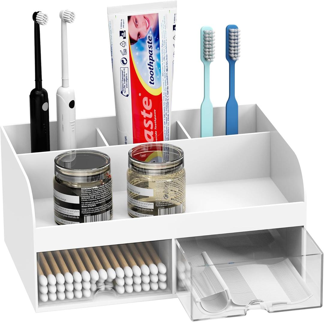 Bathroom Counter Organizer, 4 Slots Toothbrush Holders for Bathrooms with 2 Drawers, Toothpaste and Electric Tooth Brush Holder for Shower, Cute Makeup Storage Organizer for Vanity, White