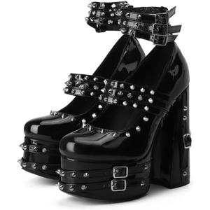 Frankie Hsu Goth Chunky Platform High Heeled Pumps Ankle Bootie, Black Patent Strappy Rivets Punk Gothic Y2K Hot Girl Boot, For Women Men (Black, 9)