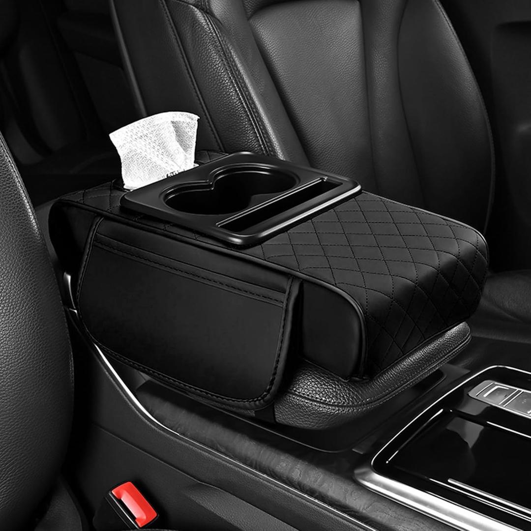 XUKEY Car Center Console Cover Leather Armrest Cushion 5-in-1 Center Console Armrest Cushion Pad with Cup Holder, 2 Storage Bags, Tissue Box,Phone Holder,Car Interior Accessories, Black