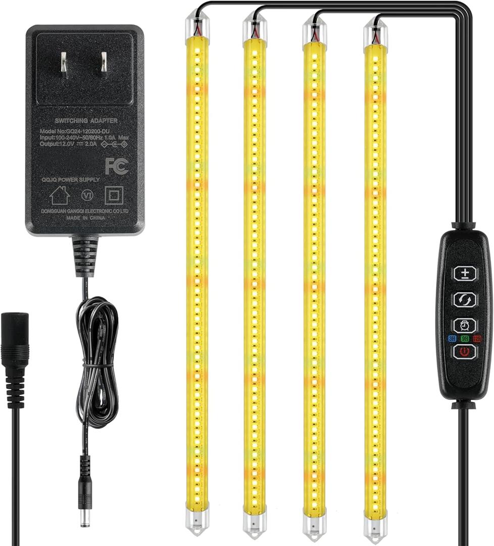 iPower 60W LED Grow Lights with Full Spectrum Plant Growing Light Strips for Indoor Plant with Auto ON/Off 3/9/12H Timer, 10 Dimmable Levels 48 LEDs Per Tude, 4 Tubes, Yellow