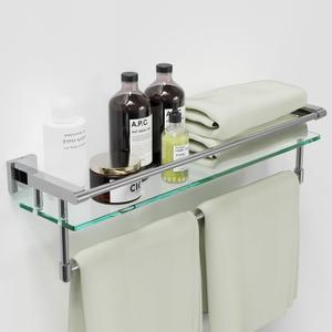 24 Inches Floating Glass Shelves for Wall with Towel Bar/Track, SUS 304 Stainless Steel Railing Tempered Glass Shelf, for Toilet, Room Decor Modern (Chrome Polished)