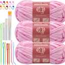 LUNARM Chenille Yarn for Crocheting Knitting, 3 Pack of 100g/3.5oz Velvet Yarn Thick Soft Chunky Fluffy Weaving Plush for Blankets Clothes Pattern Creations 263 Yard with Big Eye Needles (Light Pink) (Solid Color)