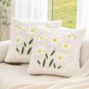 Spring Summer Pillow Covers 18x18 inch Set of 2, White Daisy Garden Floral Sunflower Pillow Cases, Soft Plush Faux Fur Jacquard Throw Pillows for Sofa Couch Holiday Spring Home Decor