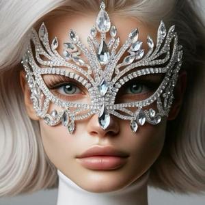 STONEFANS Rhinestone Masquerade Mask Full Face Jewelry for Women Mardi Gras Mask Crystal Face Chain Jewelry (Silver 3)