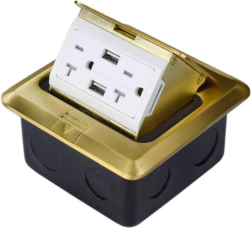 Groto Pop Up Floor Outlet Covers box, Pop-Up Power Box Kit w/20A Duplex Receptacle and 2 USB Charging Ports, Watertight Gasket, Corrosive Resistant Hardware, Brass