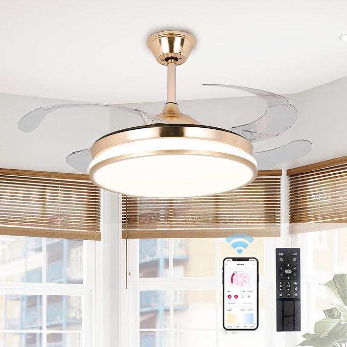 STERREN Retractable Gold Ceiling Fan with Lights, 42 inch Modern Low Profile Bladeless LED Ceiling Fan for Bedroom Living Room