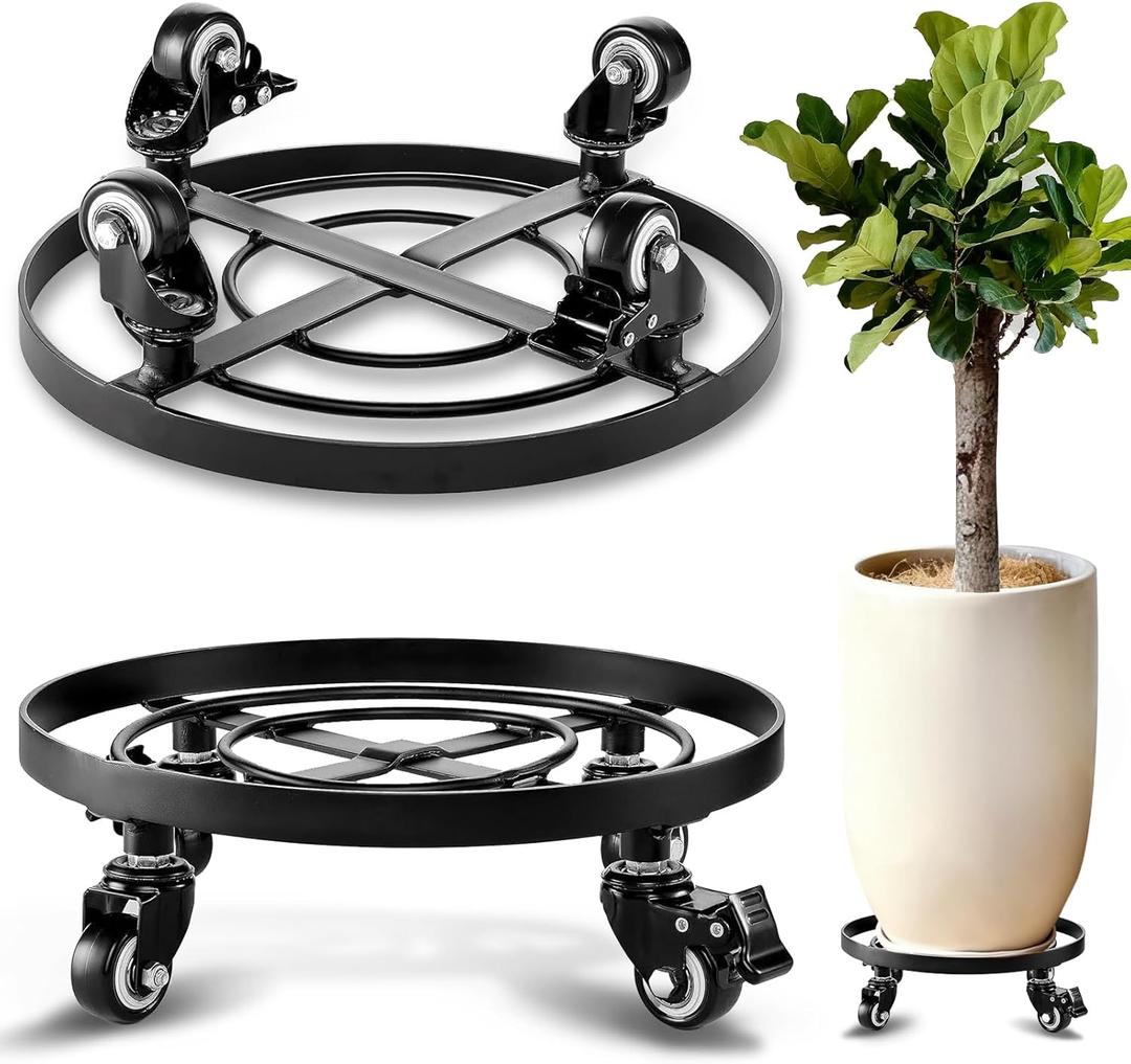 AMAGABELI GARDEN & HOME Metal Plant Caddy with Wheels Heavy Duty Iron Rolling Casters Plant Stand 2 Pack 12" Rollers Round Flower Pot Rack on Dolly Holder Indoor Outdoor Planter Trolley