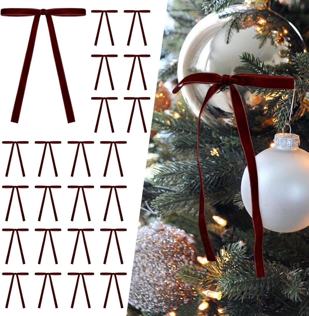SIMISI RIBBON 24Pcs Burgundy Christmas Velvet Ribbon Bows Decorations Xmas Ornaments Vintage Decor for Tree, Wreath, Garland (3/8'' Width, 5 * 7 inch)