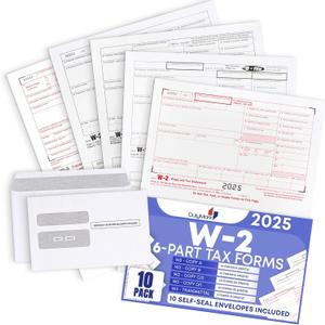 W2 Tax Forms 2025 with Envelopes, 6 Part W2 Kit of Laser Forms for 10 Employees - Compatible with Quickbooks Software & Laser, Inkjet Printers - with 3 W3s, 10 Self Seal Envelopes Included